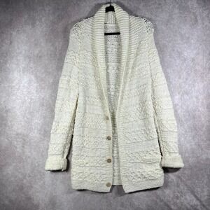 Women Cardigan Sweater L Cream Chunky Knit Shawl Collar Button Front Cottagecore